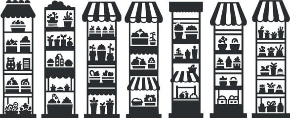 Collection of silhouette vector illustrations showcasing various market shelves and store displays for retail and design projects