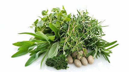 A collection of fresh, green culinary herbs and small brown root vegetables on a white surface