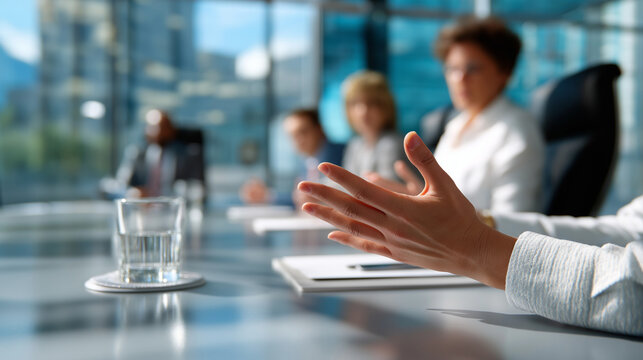 Anonymous colleagues' hands gesturing with blurred figures and crystal clear contemporary boardroom design visible, with copy space