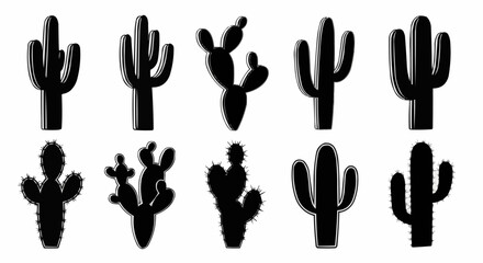 Collection of Diverse Cactus Silhouettes in Black and White.