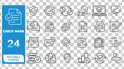 Collection of 24 check mark icons in various business and service contexts with editable stroke checklist related to Check Icons, Checklist Symbols, Approval Marks, Business Icons, Service Checkmarks