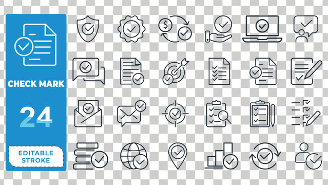 Collection of 24 check mark icons in various business and service contexts with editable stroke checklist related to Check Icons, Checklist Symbols, Approval Marks, Business Icons, Service Checkmarks