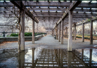 Central Park New-York pergola after a heavy winter rain