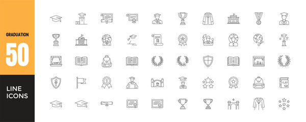 Graduation and Academic Line Icons Set. Collection of 50 Thin Outline Vector Symbols. Education, Diploma, Degree, University, Cap, Gown, Trophy, Medal, Success, and Learning. School Ceremony Graphics.