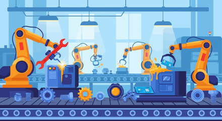 Fototapeta premium Futuristic smart factory production line showcasing industrial automation with robotic arms working on a conveyor belt