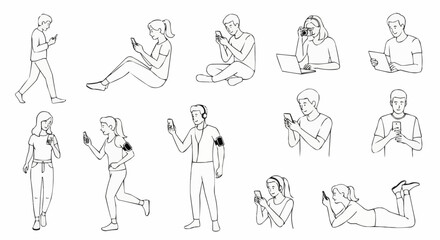 People using smartphones in various poses and activities line art.