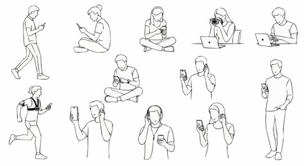 Collection of people using smartphones and laptops in various poses and activities.