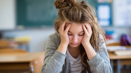 A girl is sitting in a classroom and is looking down. She is wearing a gray sweater and has her hands on her head