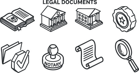 Outline vector icon set of legal documents including notary, contracts, and official seals for law and business contexts