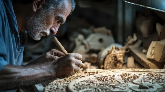 Dedicated artisan carves intricate wooden design in workshop with focus and precision during afternoon hours