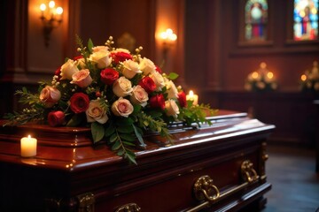 A somber and respectful scene at a funeral service, featuring a closed casket adorned with flowers and candles, symbolizing remembrance and final farewells , funeral,  memorial