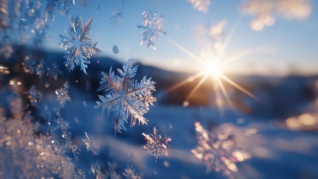 422Frost and snowflakes forming intricate patterns on glass, sunlight casting shimmering reflections, serene winter sky in soft focus behind