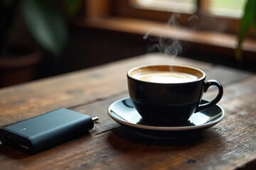 A steaming cup of coffee sits on a rustic wooden table, next to a portable charger, symbolizing the energizing boost of a battery-like caffeine kick , espresso, breakfast