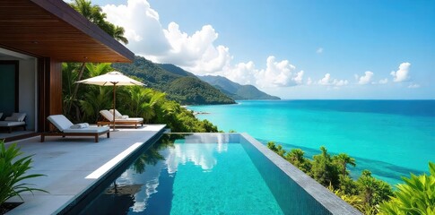 A stunning private villa overlooking a turquoise ocean, complete with infinity pool and lush tropical gardens  Perfect for an unforgettable luxury escape ,  vacation,  getaway,  coast