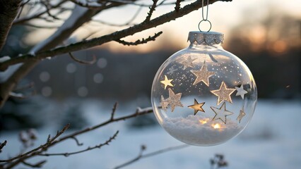 A single clear glass christmas ornament with delicate star cutouts and warm glowing lights hangs from a bare tree branch in a snowy winter landscape at sunset