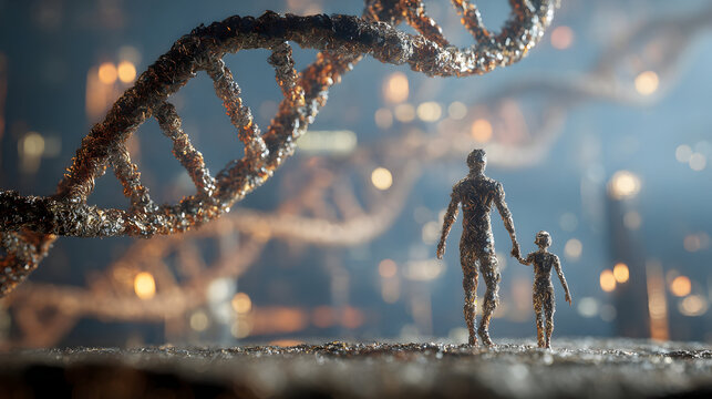Surreal concept of human figures amidst dna structures