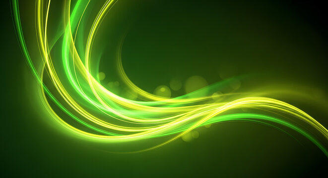 Abstract flowing green and yellow light streaks creating a dynamic luminous energy wave on a dark background with bokeh effects