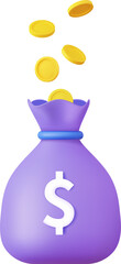 Coins float in bag money icon.