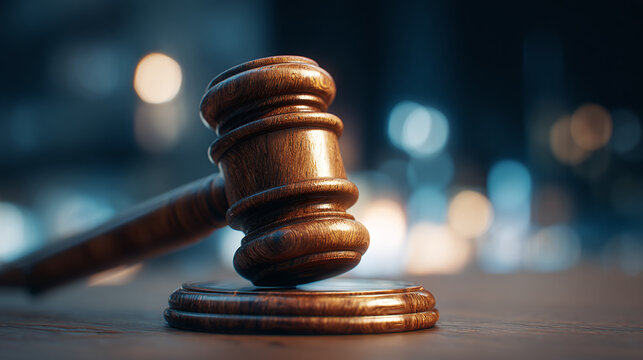 Wooden gavel resting on a desk, a symbol of justice and the legal system
