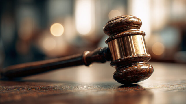 A detailed image of a wooden gavel on a wooden table, symbolizing justice