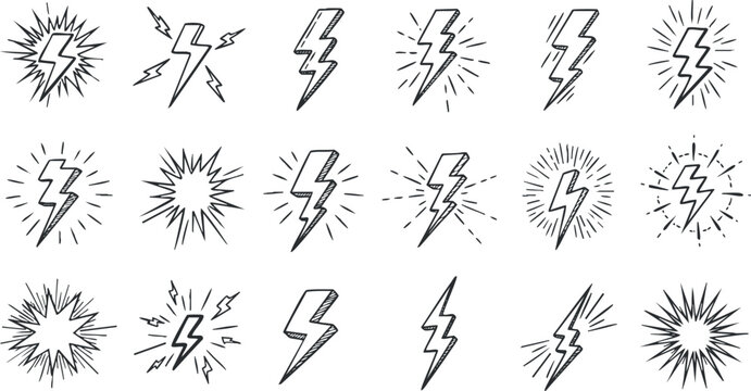 Hand-drawn vector icon set featuring various lightning bolt designs and explosive elements suitable for dynamic branding and graphic projects