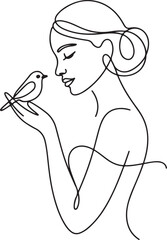 Minimalist Continuous Line Art Woman Holding Small Bird