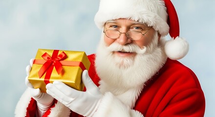 A cheerful Santa Claus in his classic red suit holding a golden gift box with a red ribbon.