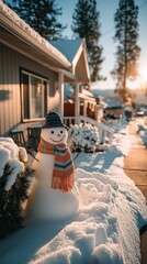 Happy snowman in cozy winter neighborhood during beautiful golden hour sunset