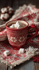 Festive red mug of hot chocolate with marshmallows in cozy Christmas still life setting