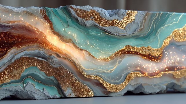 Abstract geode art with gold glitter and teal resin design for home decor and modern wall art prints
