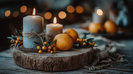 Cozy rustic Christmas decoration with burning candles oranges and berries on wooden table