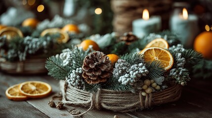 Festive Christmas centerpiece with pine cones oranges and fir branches on rustic wooden table