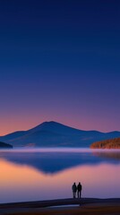 Couple watching beautiful sunrise reflection on calm mountain lake in serene minimalist landscape