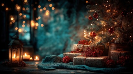 Magical Christmas scene with festive gifts under the tree and glowing lantern with bokeh lights