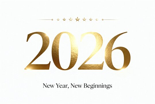 Golden 2026 text with stars represents the excitement of new beginnings for the upcoming year on a white background.