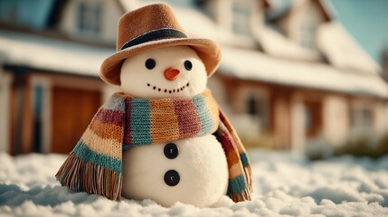 Cheerful snowman in cute hat and colorful scarf standing in the snow on sunny winter day