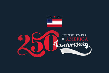 United States America 250 Anniversary Script Banner. Elegant Dark Blue Calligraphy Background