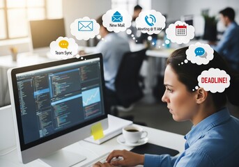 Focused office worker managing tasks under pressure, surrounded by multitasking reminders, deadlines, and digital notifications in a busy workspace.