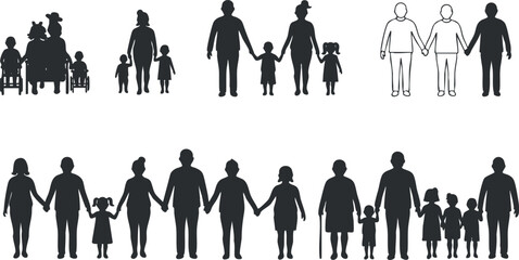 Silhouette vector illustration of diverse families holding hands, representing unity and togetherness in various compositions.