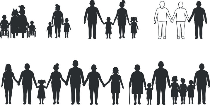 Silhouette vector illustration of diverse families holding hands, representing unity and togetherness in various compositions.