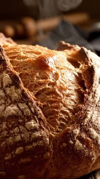 Freshly baked crusty bread loaf with rustic texture and warm light