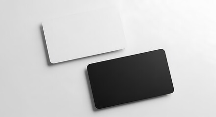 Blank white and black business cards or credit cards mockup, top view on a light grey background, ideal for branding and design presentation