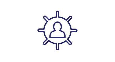 Blue outline icon of a person inside a ship steering wheel