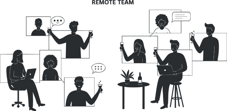 Minimalist black and white vector illustration of a remote team collaborating through digital devices, ideal for business and technology contexts