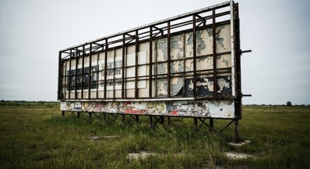 Dilapidated billboard, weathered and empty, stands in overgrown field