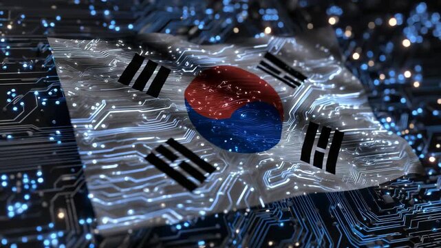 464South Korean flag rendered in 3D metallic texture, with glowing circuits and neon highlights, cyberpunk tech wallpaper style