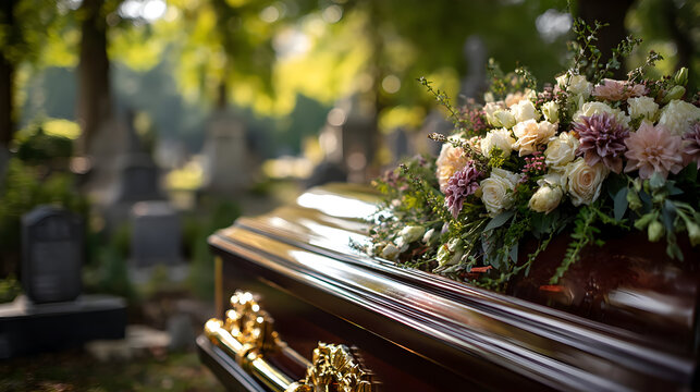 Elegant casket with floral arrangement in tranquil cemetery setting