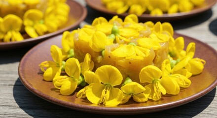 Round, yellow food dish, garnished with vibrant blossoms