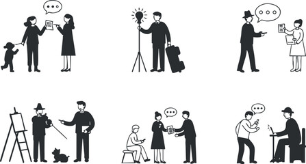 Minimalist black and white vector illustration set depicting various professional and social interactions for branding and design projects