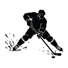 Ice Hockey Player Silhouette Vector Illustration. Hockey Athlete with Stick and Puck Silhouette Design. Action Sport Player with Broken Ice Effect on White.